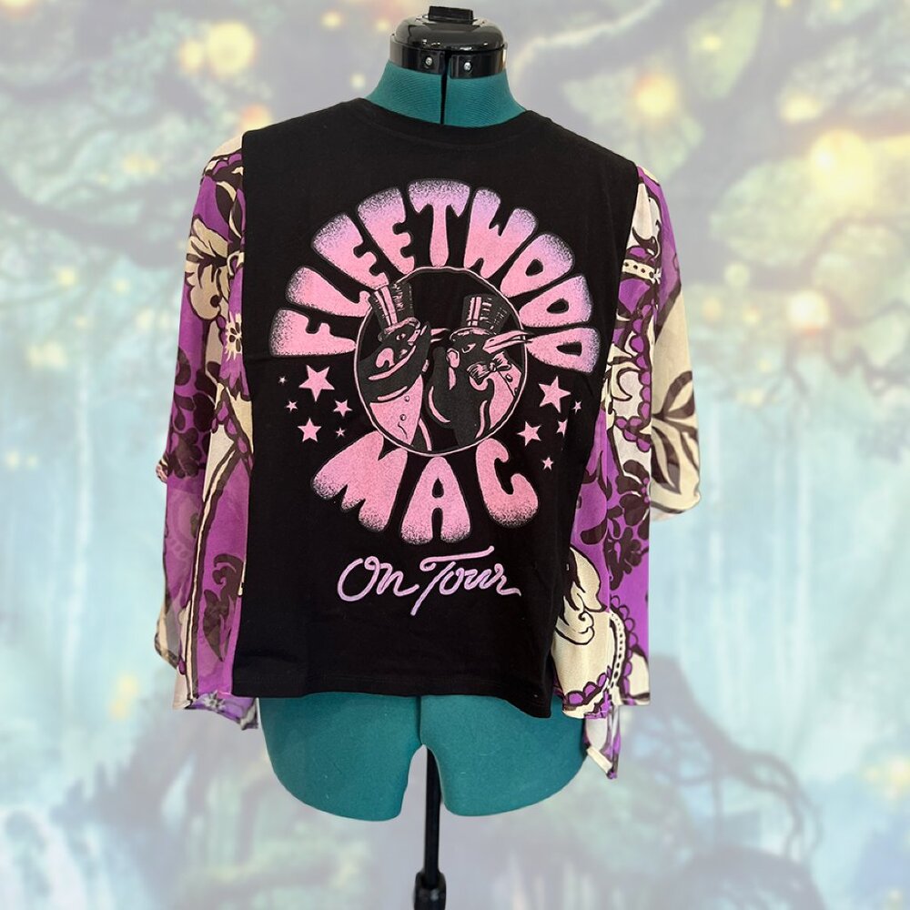 Fleetwood Mac Penguin Graphic Tee Upcycled w/ Kimono Mesh Sleeves S/M